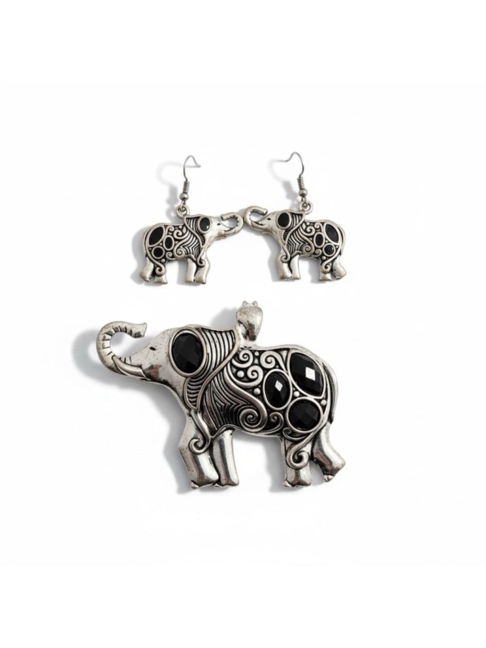 Silver Toned Elephant Earrings And Elephant Pendant